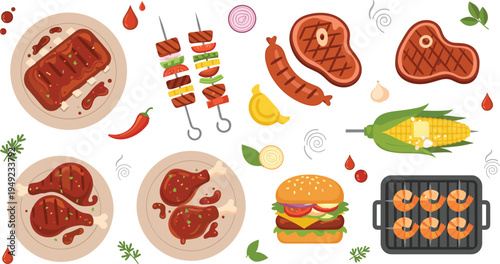 Grilled Meat and BBQ Food Collection with Steak, Sausage, Skewers, Burger, Corn and Shrimp Barbecue Dishes Cartoon Vector Illustration Set.