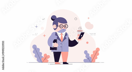 A stylized person in business attire holds a phone and coffee