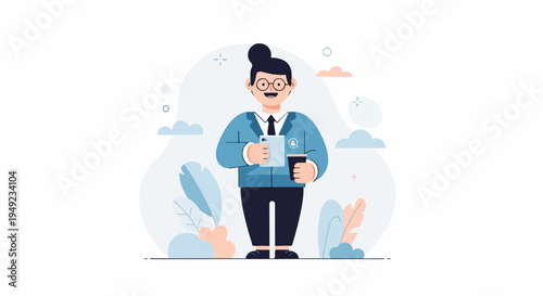 A stylized person in a blue suit holding a phone and coffee, surrounded by plants