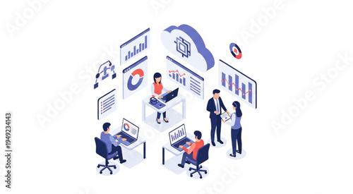 Isometric Data Analysis Team Working with Cloud Technology.