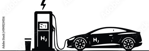 Hydrogen car refueling at fuel station, H₂ energy pump, clean transportation icon, eco vehicle illustration for renewable energy, sustainability, future technology