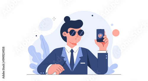 A suited person with sunglasses holds a smartphone and a stylus