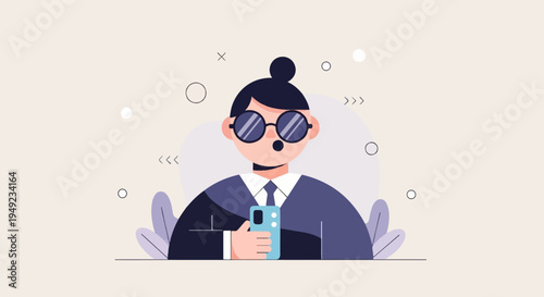 A surprised cartoon person in a suit and sunglasses holds up a phone
