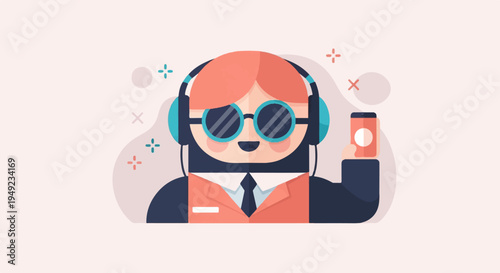 A stylized person with orange hair, headphones, sunglasses, and a phone