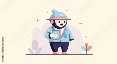 A stylized, plump character in a hat and suit holds a tablet showing a diagram