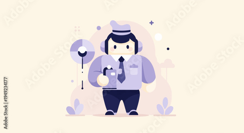 A uniformed character with a tie and headphones, holding a device