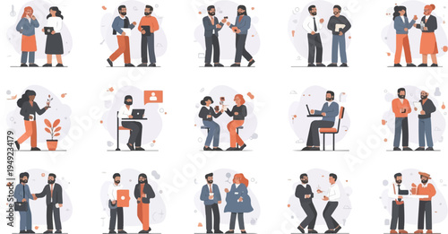 A variety of animated business people interacting in various professional settings