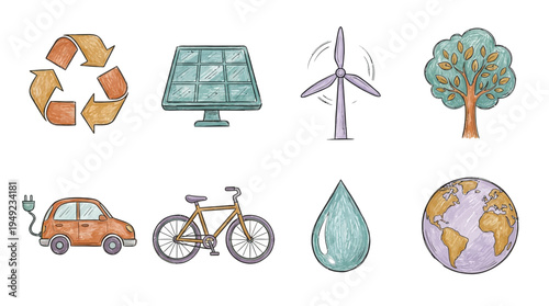 Hand drawn sustainable energy icons set featuring solar panel wind turbine recycle sign electric car and earth, ideal for green technology blogs environmental projects and ecology education