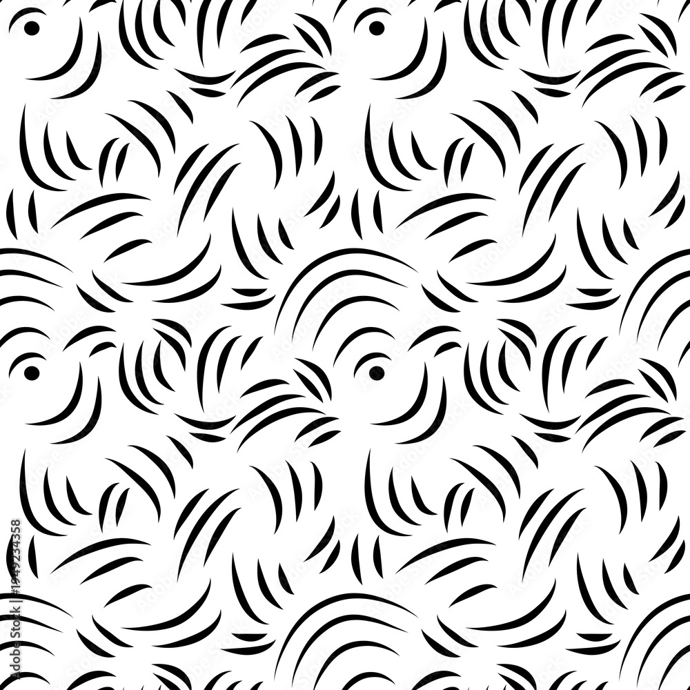 Fototapeta premium Black Brush Stroke Seamless Pattern on White. Abstract Curved Brush Marks Repeating Pattern. Minimal Black Organic Stroke Pattern Background