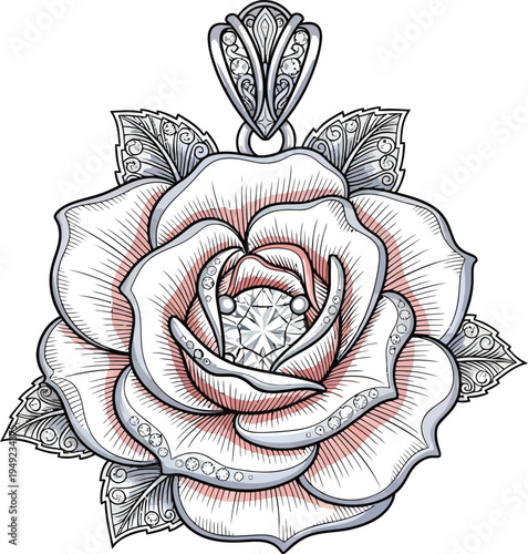 A beautiful rose pendant with a diamond centerpiece, adorned with intricate details and a touch of elegance.