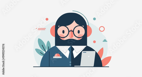 A stylized, smiling man in glasses and beard with a laptop