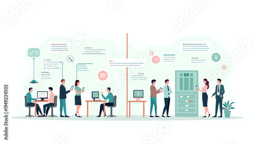 This illustration depicts a modern workplace setting where professionals are engaged in a collaborative discussion. Ideal for representing teamwork, s