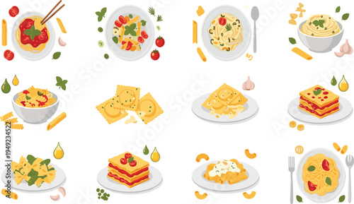 Italian Pasta and Lasagna Food Collection with Spaghetti, Ravioli, Macaroni, Penne and Creamy Pasta Dishes Cartoon Vector Illustration Set.
