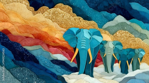 colorful elephants walk across abstract landscape