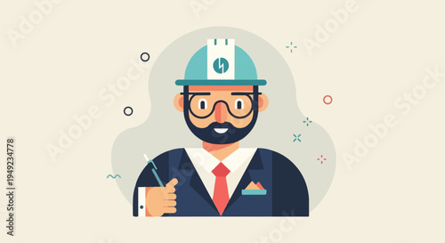 A stylized engineer with a beard, glasses, and hard hat holds a pen
