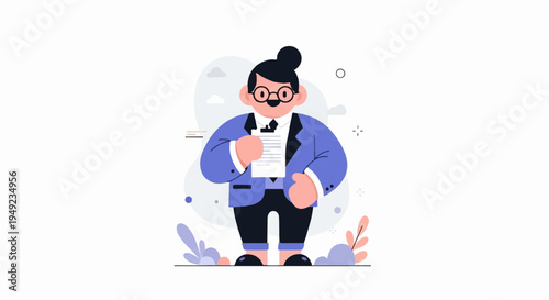 A stylized figure in a suit holds a document, surrounded by abstract shapes and plants