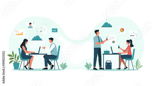 A minimalist illustration depicting a woman working at a desk, conveying a sense of focus and productivity. Suitable for concepts related to remote wo
