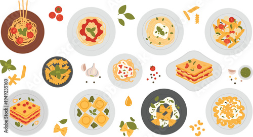 Italian Pasta and Traditional Cuisine Collection with Spaghetti, Lasagna, Ravioli, Macaroni, Penne and Creamy Pasta Dishes Vector Illustration Set.