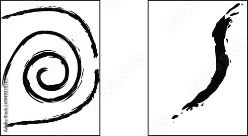 Set of two black and white hand drawn grungy brush stroke elements including a spiral and abstract linear mark.