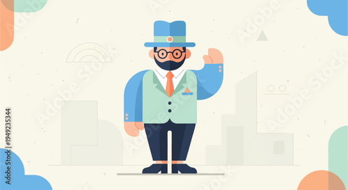 A stylized gentleman in a hat and suit waves hello against a pastel background