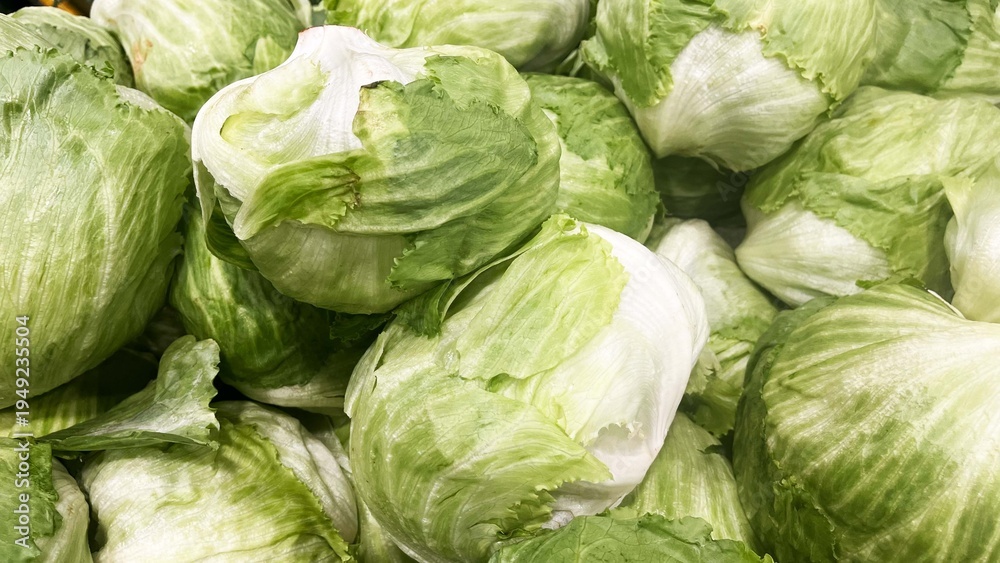 Fototapeta premium Fresh Lettuce Top View on Natural Background. Organic Leaf Vegetable, Healthy Food, Farm Fresh, Green Produce