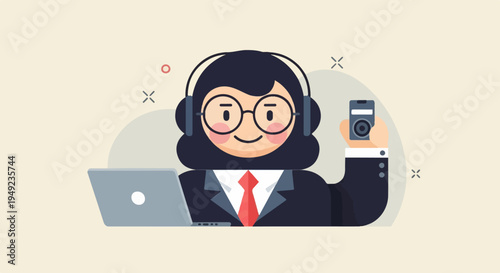 A person wearing headphones and glasses works on a laptop (2)