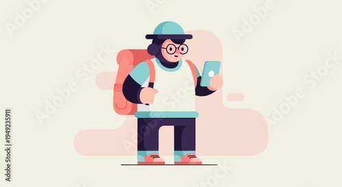 A person with a backpack holding a phone, looking at it