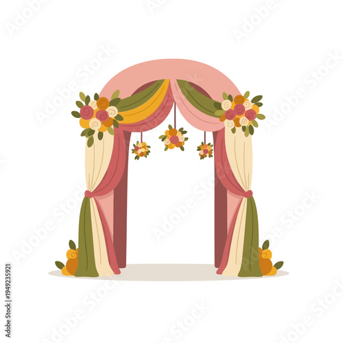 Wedding Arch Decorated with Draped Fabric and Colorful Flowers
