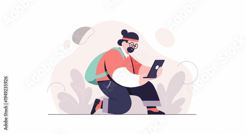 A person with a backpack kneels, engrossed in a tablet amidst organic shapes and plants