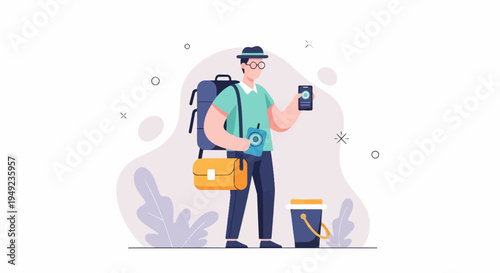 A person with a backpack, satchel, and phone, ready for an adventure