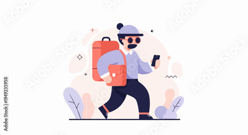 A person with a backpack walks holding a smartphone