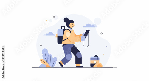 A person with a backpack walks with a phone, a water bottle and stylized plants