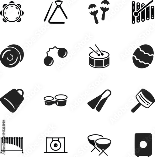 Percussion instrument silhouettes set, tambourine, triangle, maracas, xylophone, cymbals, drums, bongos, gong, cajón, music icons for education, rhythm, performance
