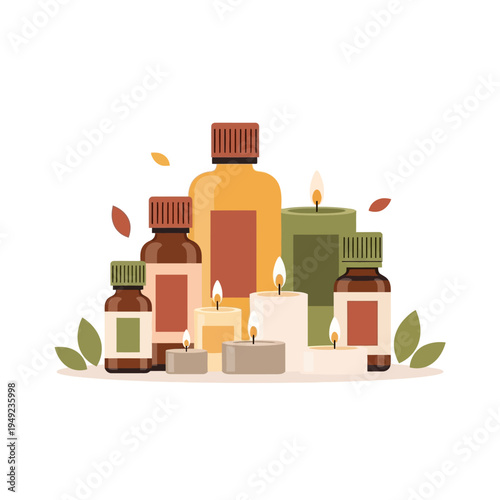 Aromatherapy Essential Oil Bottles and Lit Candles for Spa Wellness