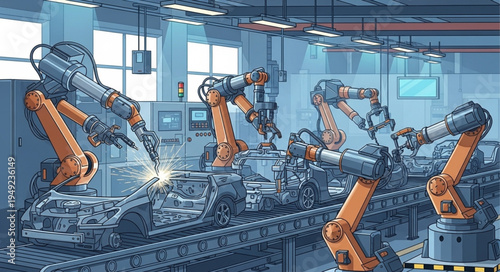 Automated Robotic Arms Working on Assembly Line in Factory.