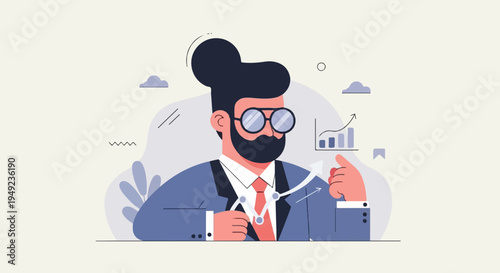 A man in a suit and glasses points to a rising business graph with an upward arrow