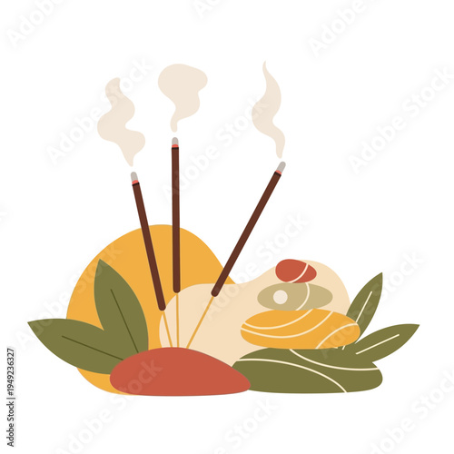 Incense Sticks Burning with Smoke and Stacked Stones for Meditation Wellness