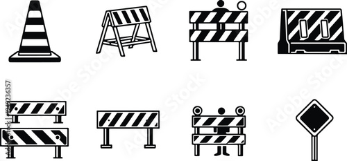 Road construction barrier icons set, traffic cone, barricade, striped safety barrier, reflective roadblock, caution sign silhouettes for transportation, safety, warning, infrastructure