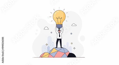 A person in business attire holds a bright idea lightbulb above their head atop a geometric hill