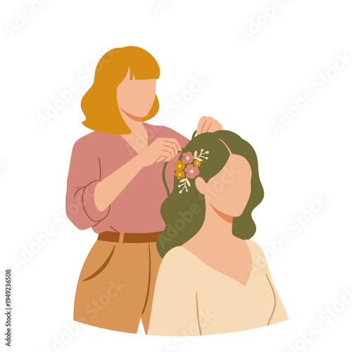 Hairstylist Carefully Styling a Brides Green Hair with Delicate Flowers