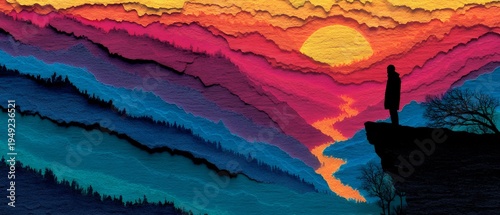 person stands on cliff overlooking colorful landscape