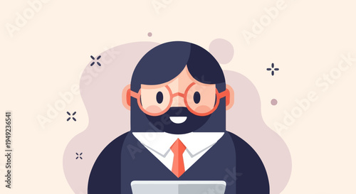 A friendly bearded person in glasses and a suit, with a laptop