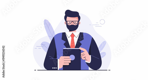 A formally dressed individual with a beard and glasses holds a tablet