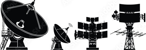Satellite dishes and radar antennas silhouette, communication technology, parabolic dish, phased array system, broadcasting, internet, astronomy, air traffic control