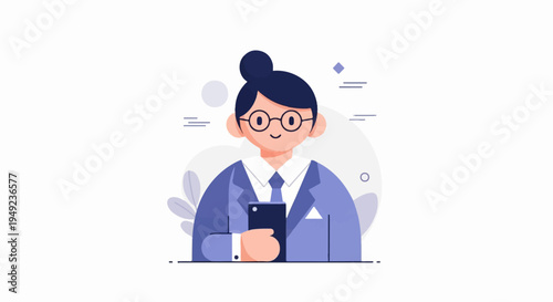 A person in formal attire with glasses holds a smartphone, with abstract shapes in background