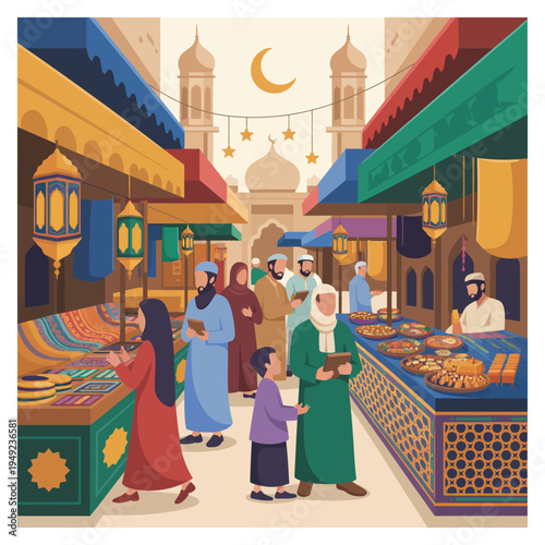 Islamic marketplace with people and food stalls under crescent moon