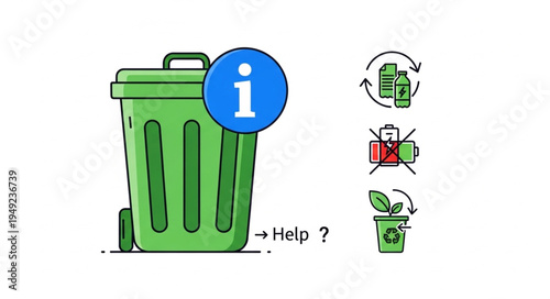 Green recycling bin with information symbol and recycling icons.
