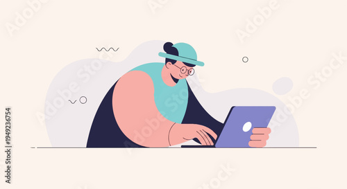 A person in a hat and glasses works on a laptop with abstract shapes in background