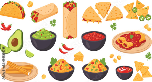 Mexican Street Food Collection with Tacos, Burritos, Quesadillas, Nachos, Guacamole, Salsa, Churros and Traditional Mexican Cuisine Vector Illustration Set.