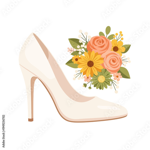 Wedding Bridal Shoe and Flowers Elegant Fashion Illustration